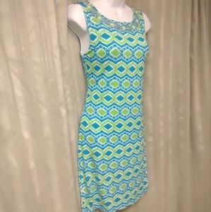 Joyous & Free Sleeveles Blue/Green  Retro Print Dress. Size M. NWOT